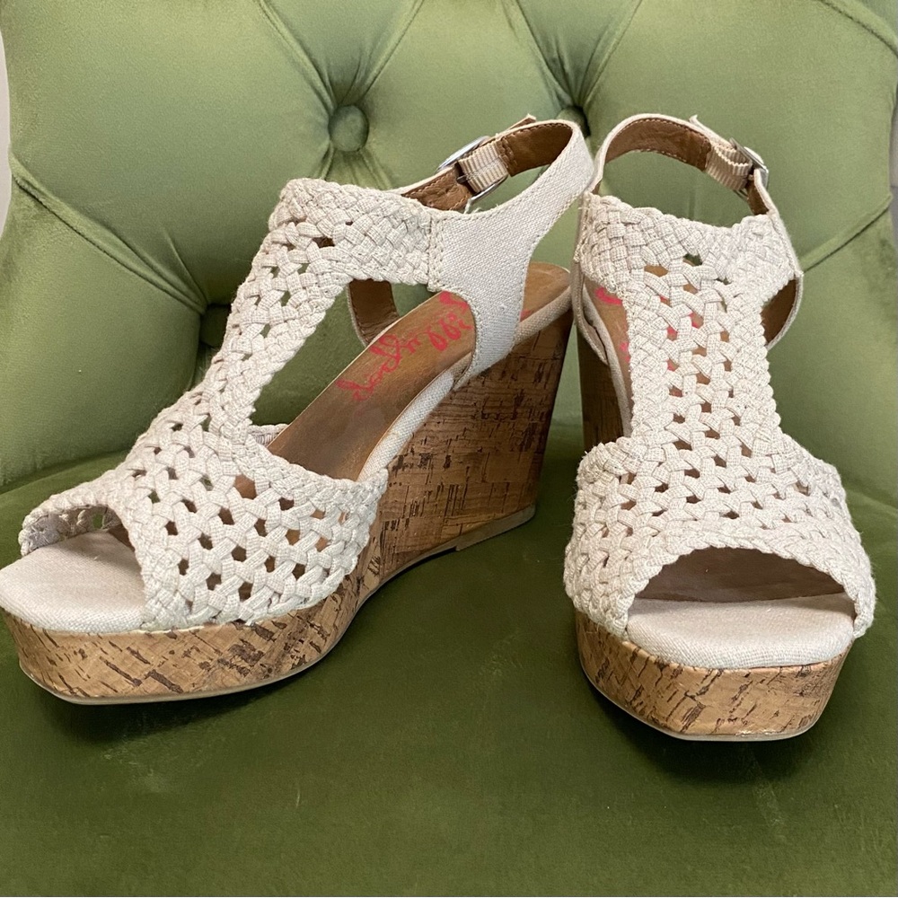 JELLYPOP Auden Comfort Fit Cork Wedge Sandals Beige Crochet Women’s Size 7.5